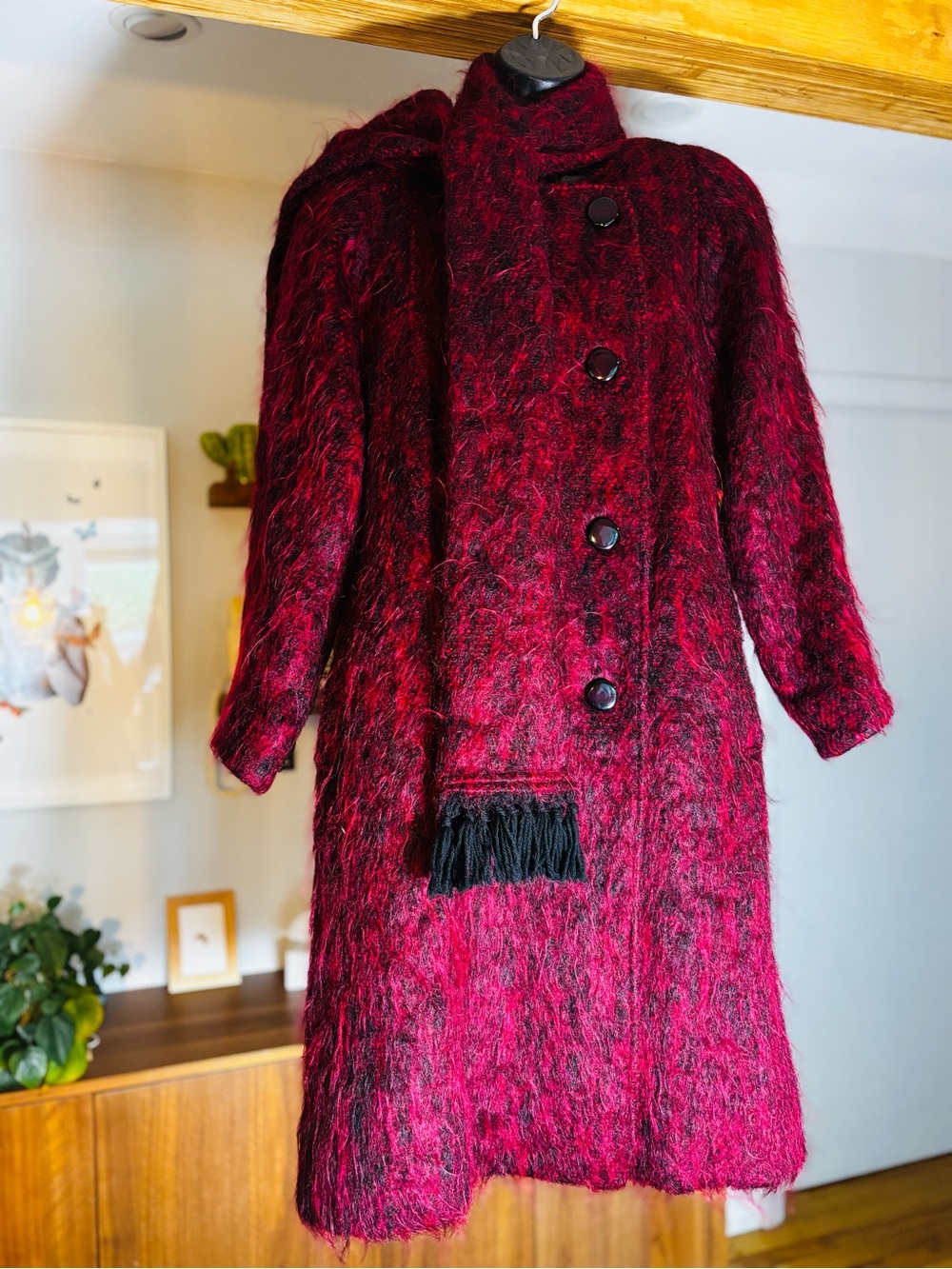 Raffinati Mohair Wool Red Black Fringe Scarf Coat Deadstock Union Made 60s 70s